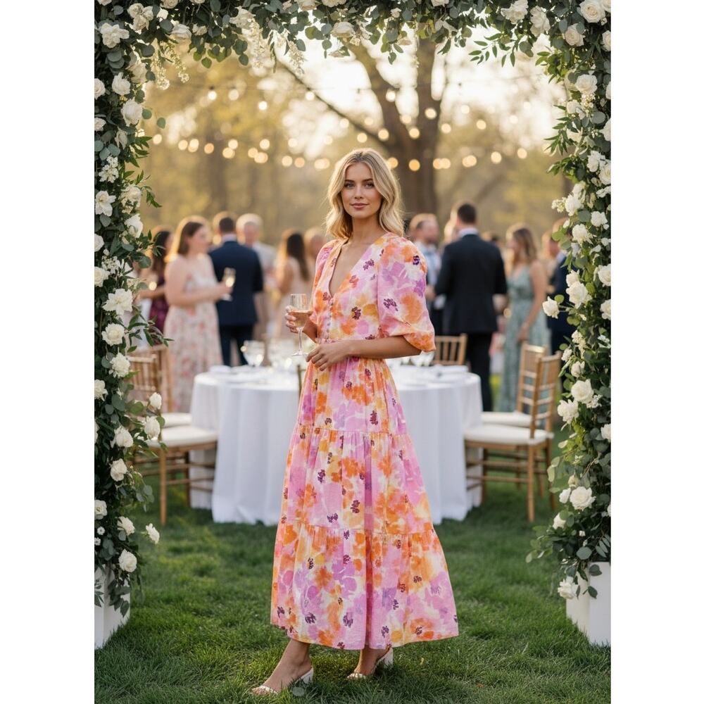 NICHOLAS DRESS WEDDING GUEST MILKMAID COQUETTE COTTAGECORE LINEN FLORAL
